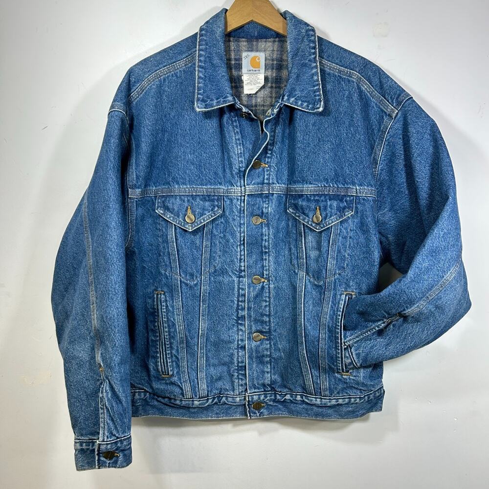 Vintage Carhartt Jacket Mens L Blue Denim Blanket Lined Jean Trucker USA Made - Picture 2 of 10